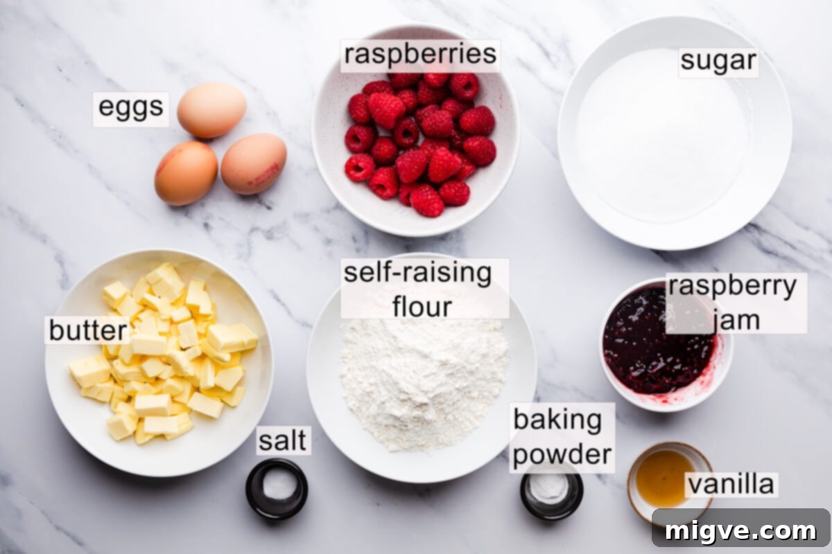 Decadent Raspberry Chocolate Cupcakes 3 ingredients for raspberry chocolate cupcakes with text overlay, clearly showing fresh raspberries, butter, sugar, eggs, flour, and chocolate.