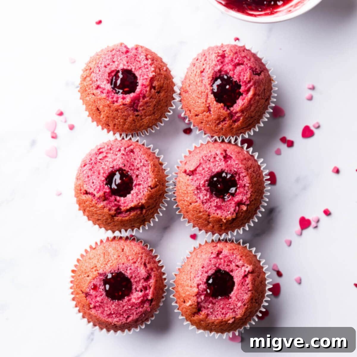 Decadent Raspberry Chocolate Cupcakes 8 raspberry cupcakes filled with raspberry jam, showing the jam center.