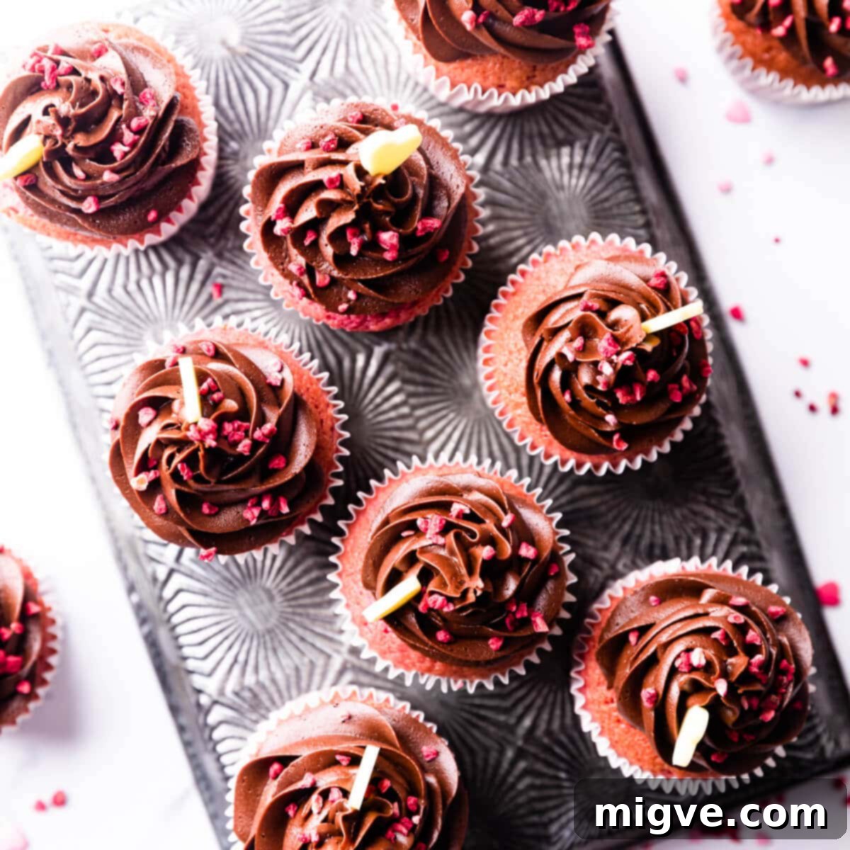 Decadent Raspberry Chocolate Cupcakes 9 raspberry cupcakes topped with swirls of chocolate buttercream and decorations.