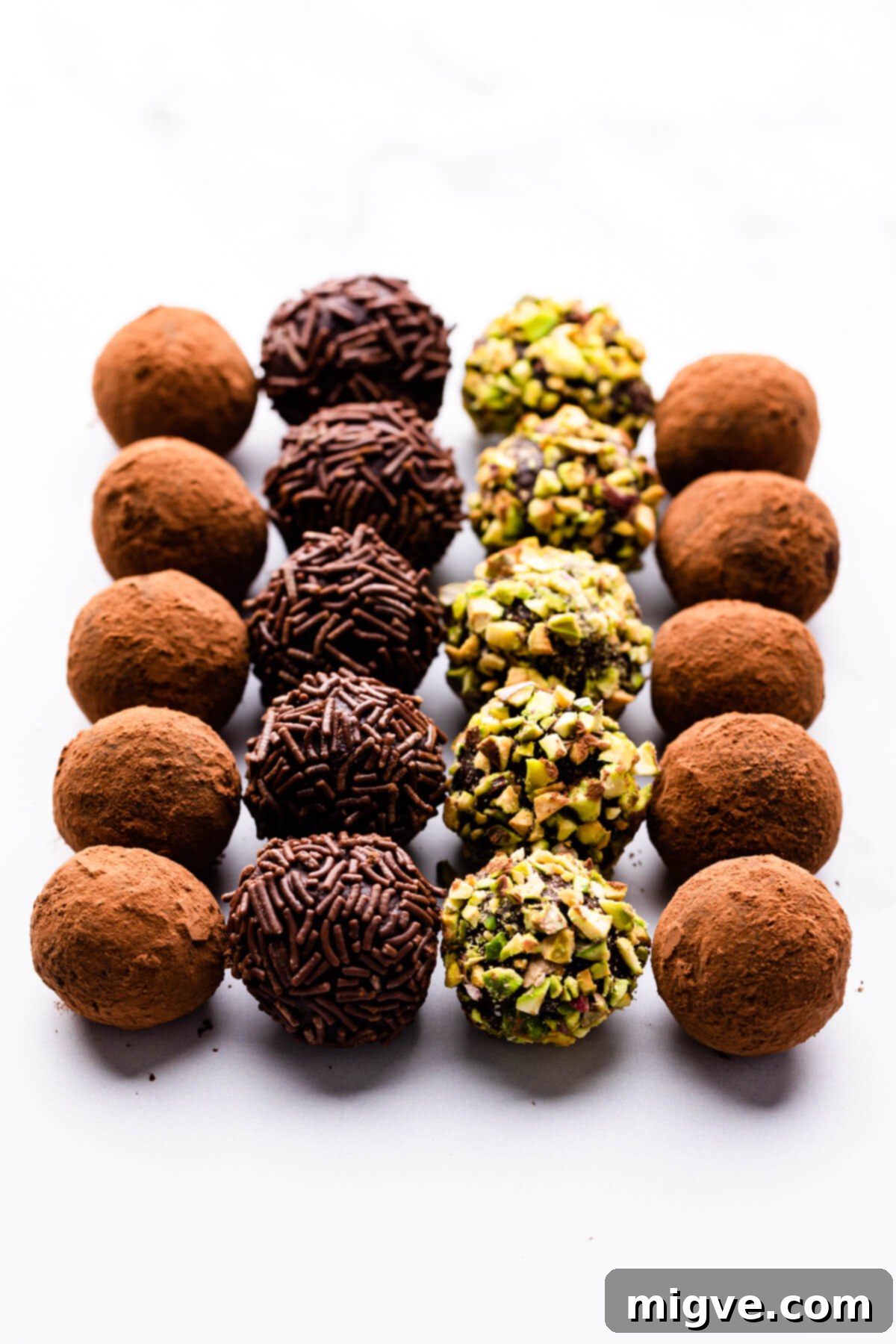 chocolate truffles arranged in rows of five.