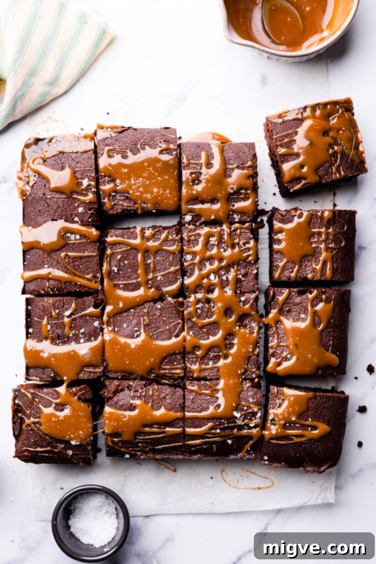 chocolate stout brownie cut into 16 squares and drizzled with caramel.
