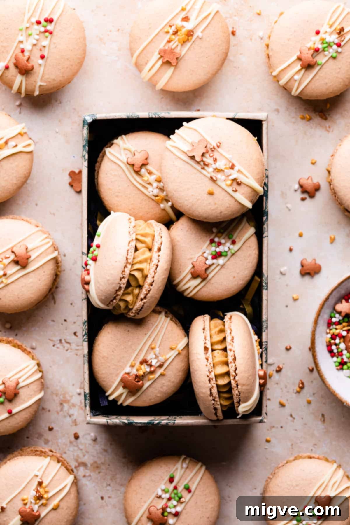 Festive gingerbread macarons presented in a small rectangular box, ready for gifting or enjoying.