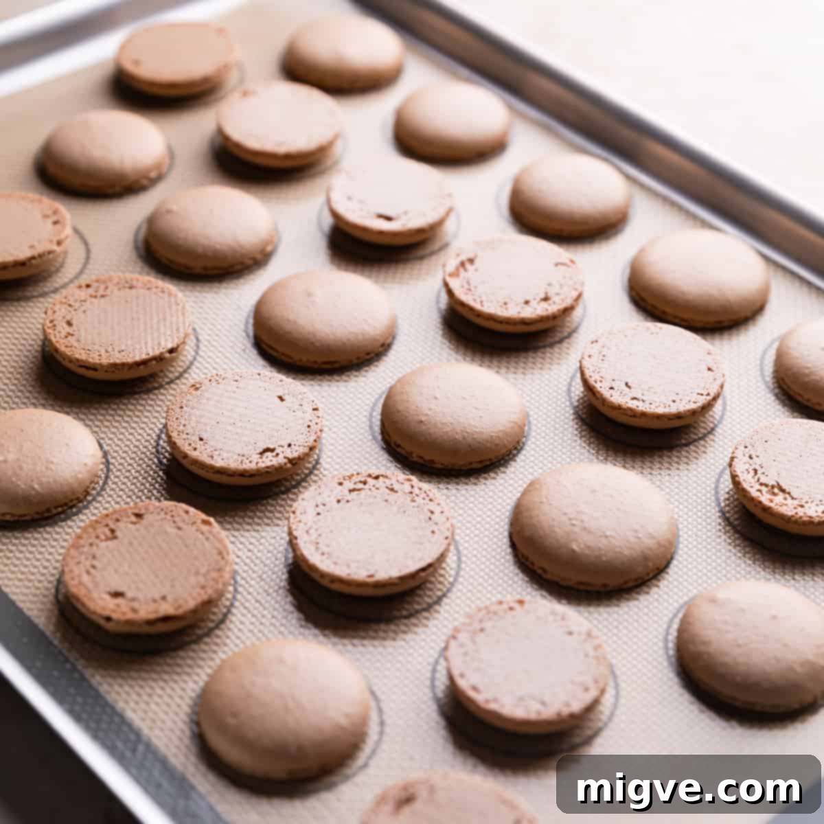 Baked gingerbread macarons neatly arranged on a metal tray, with half of them turned upside down in preparation for filling.