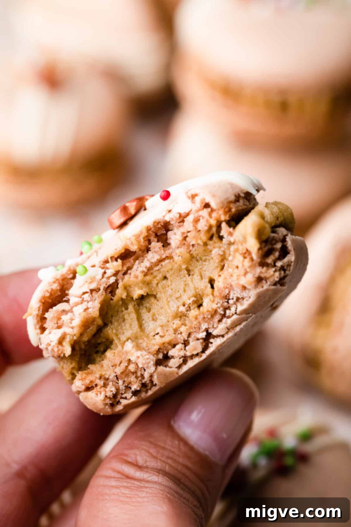 A festive macaron with a bite taken out, clearly showing the luscious gingerbread buttercream filling.
