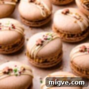 Gingerbread macarons in a small rectangular box.