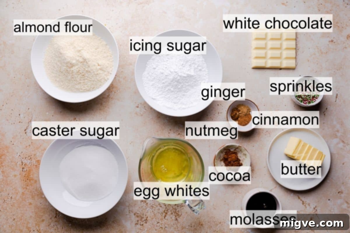 A collection of ingredients for gingerbread macarons arranged in various bowls and ramekins with a text overlay.