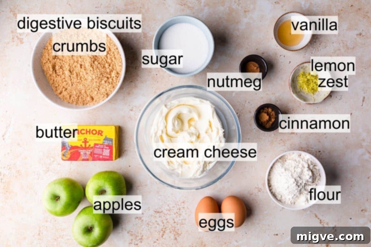 A vibrant flat lay image showcasing individual ingredients for making caramel apple cheesecake bars, including bowls of crushed biscuits, cream cheese, chopped apples with spices, and flour mix, against a rustic background with text overlay.
