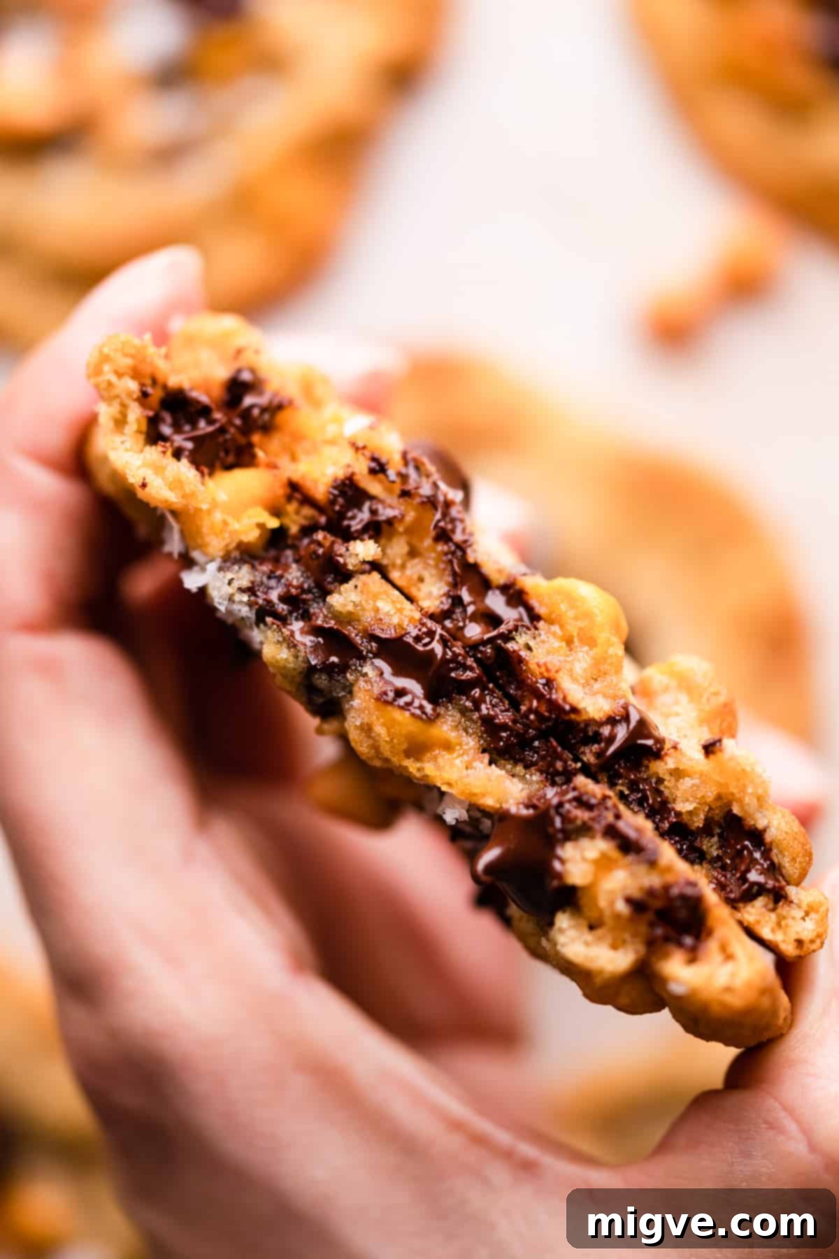 hand holding butterscotch choc chip cookie split in half showing melted baking chips inside.