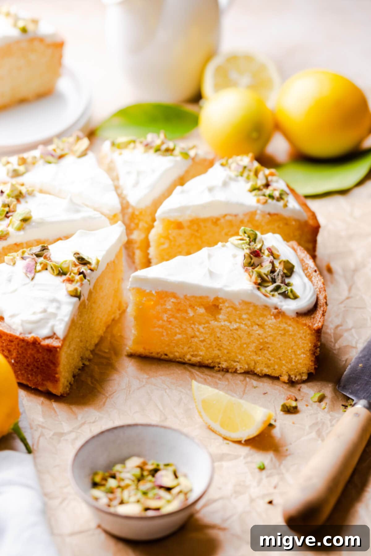side view of the lemon semolina cake cut into individual slices