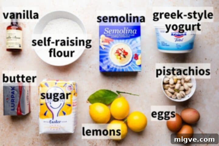 Selection of ingredients for making lemon semolina cake