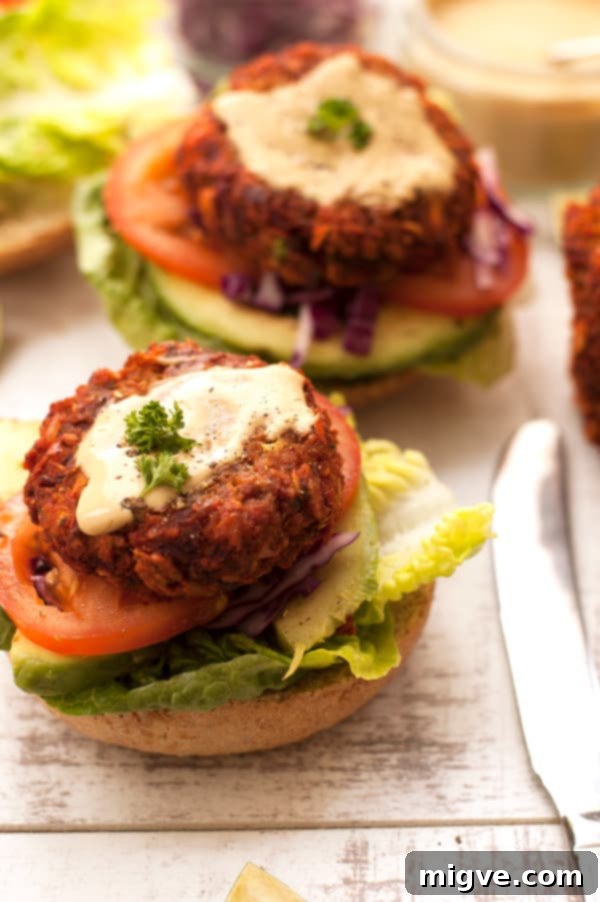 Veggie-Burger with Mustard Dressing - A close-up shot showcasing the vibrant ingredients and the rich mustard dressing.