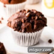 chocolate muffin in a paper case on a small white plate.