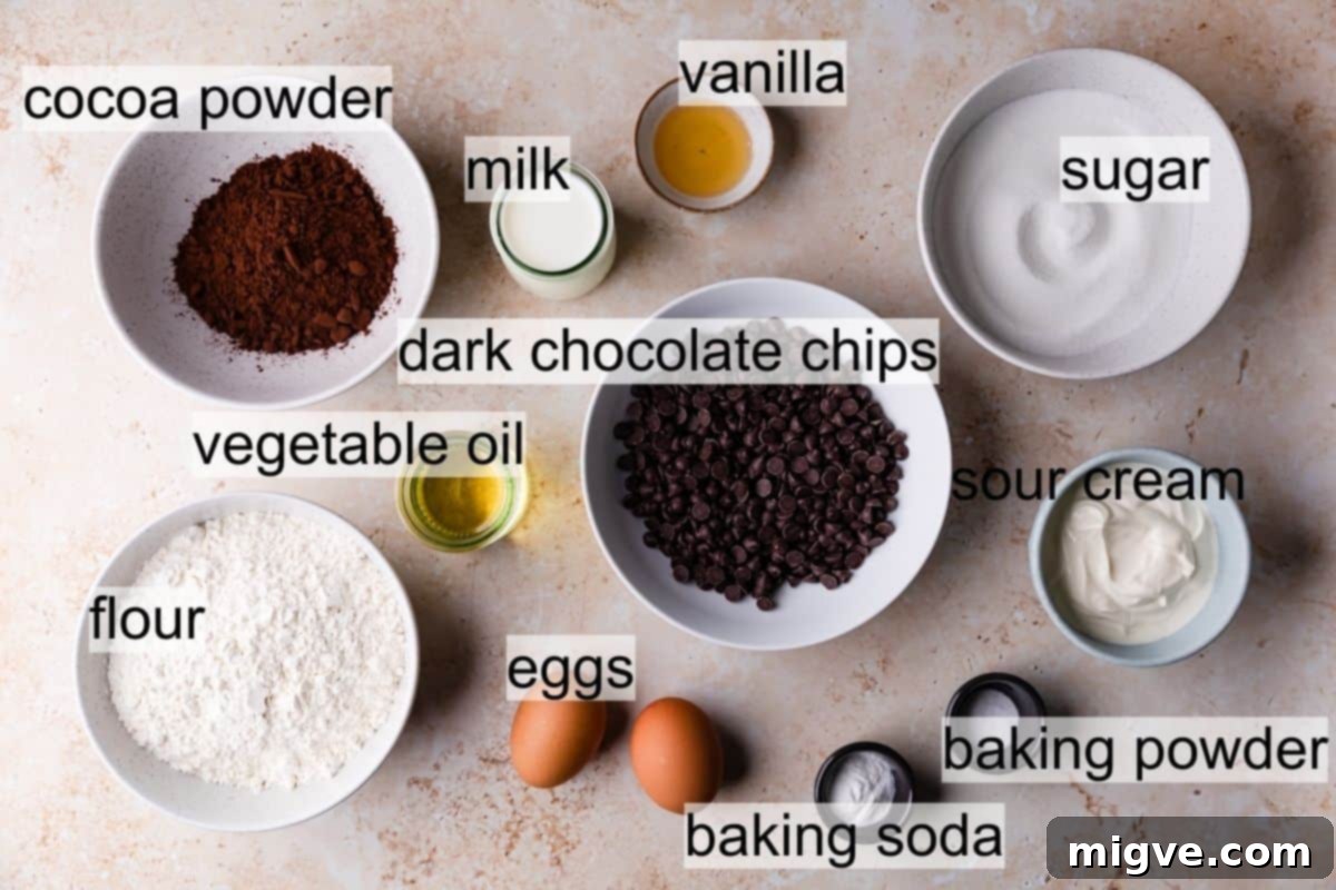 Arrangement of bowls containing key ingredients for baking double chocolate muffins, with a subtle text overlay.