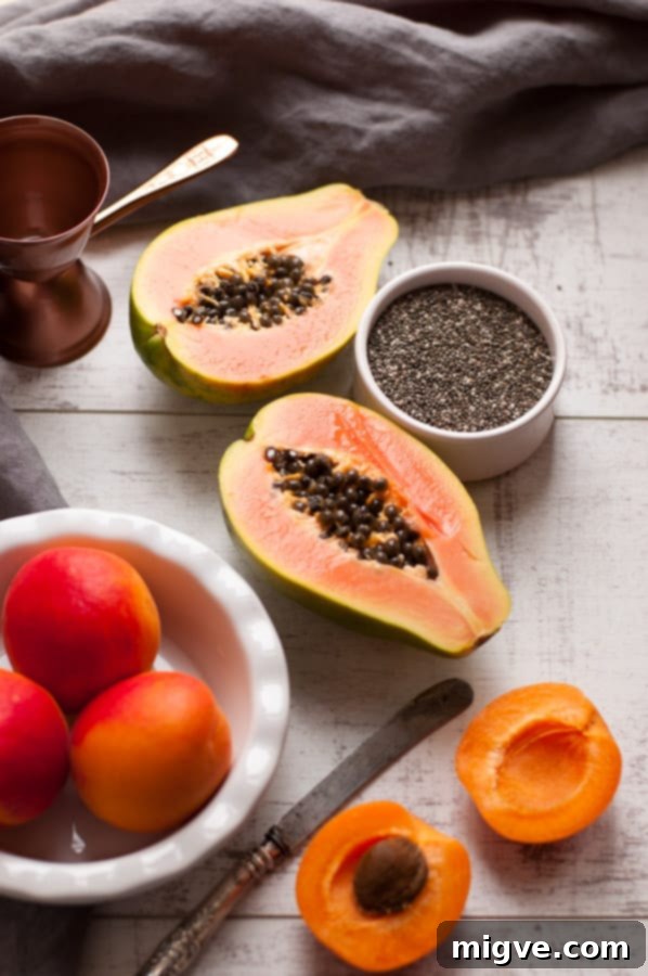 Tropical Mango and Papaya Chia Pudding with Apricot - a healthy, refreshing breakfast recipe.