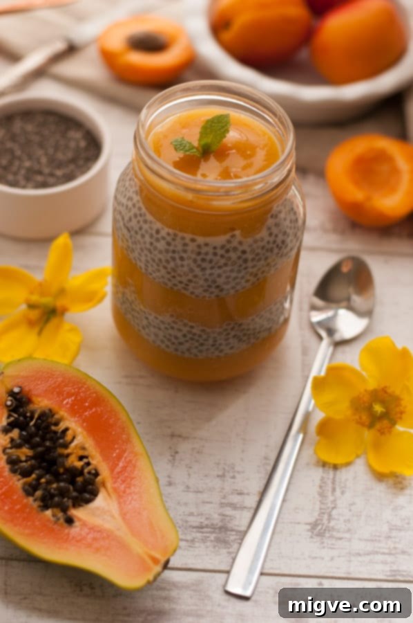 Mango, Papaya and Apricot Chia Pudding infused with Ginger. Delicious recipe for super healthy breakfast. YUM! 