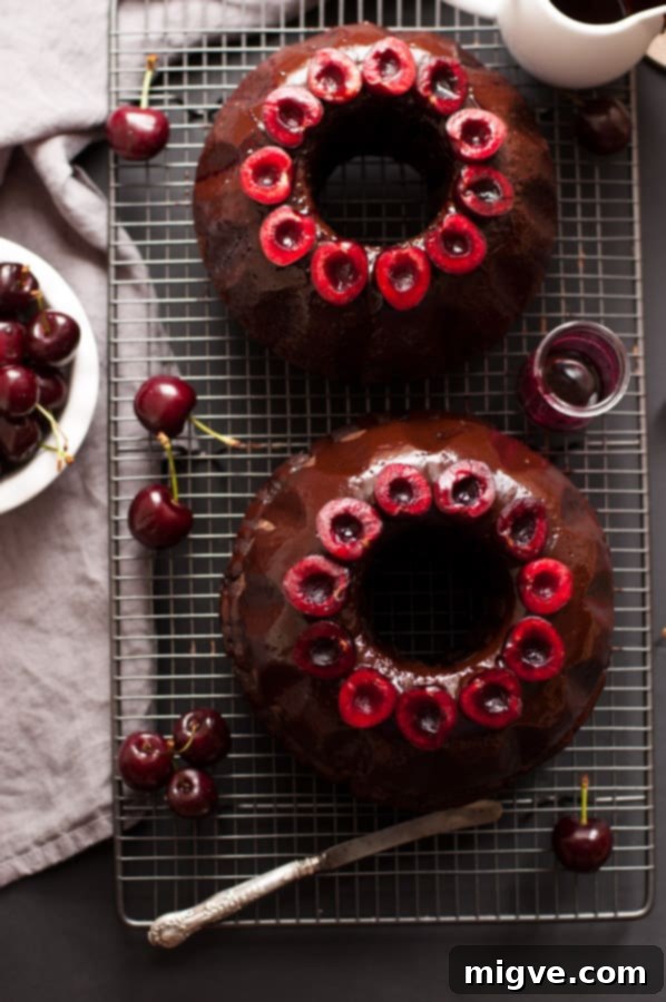 Delicious and moist Vegan Cherry Chocolate Bundt Cake, featuring a deep, rich chocolate flavor and a sweet cherry syrup. An easy plant-based recipe ready in 50 minutes. | annabanana.co