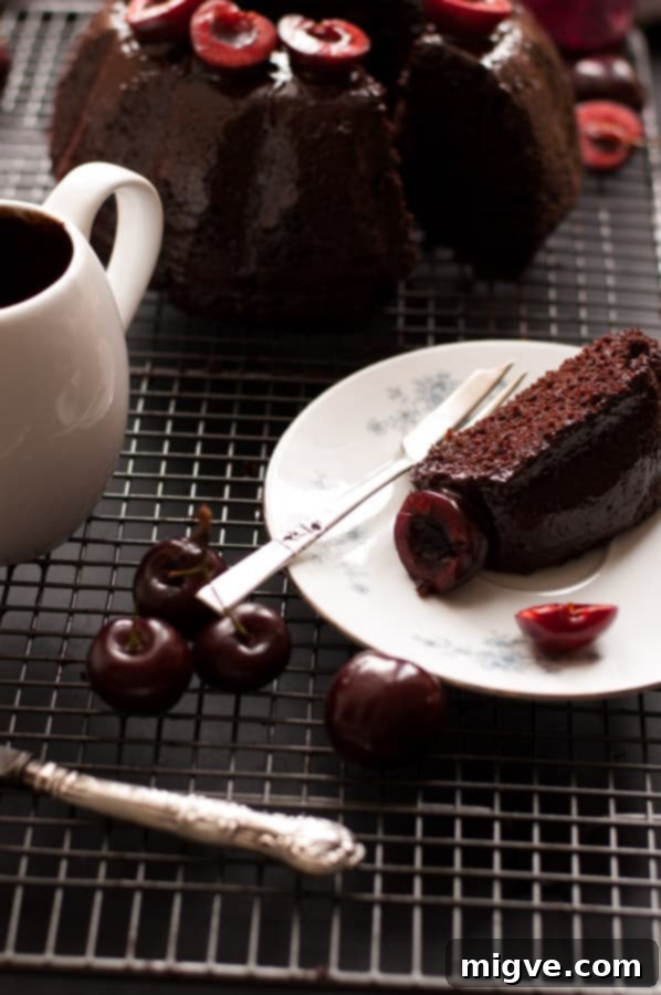 The ultimate Cherry Chocolate Bundt Cake, a vegan and dairy-free masterpiece. Rich, flavorful, and incredibly moist, this homemade dessert is easy to make and ready in under an hour. | annabanana.co