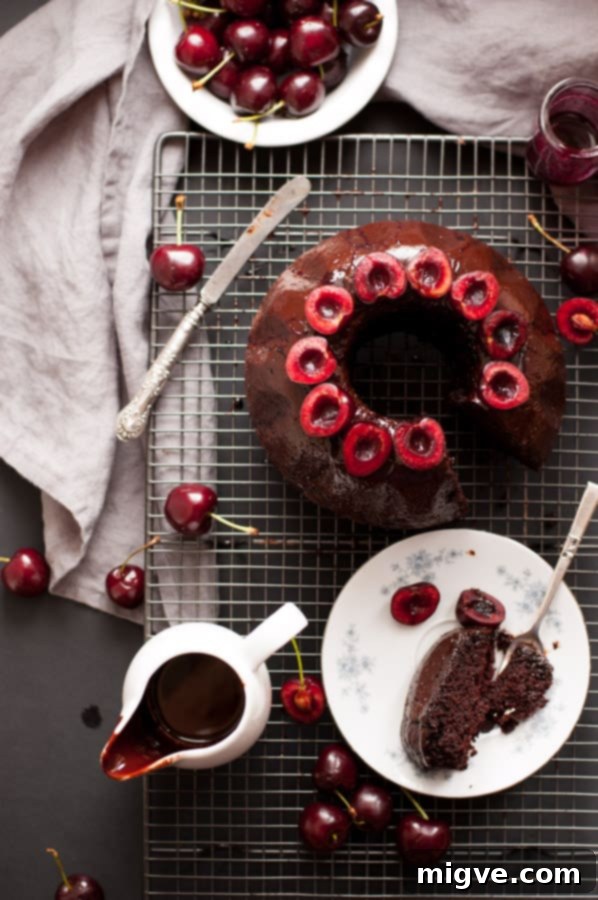 Experience the joy of baking with this rich Cherry Chocolate Bundt Cake. A quick and easy vegan recipe for a deeply flavored, moist cake, topped with sweet cherry syrup and glossy chocolate glaze. | annabanana.co