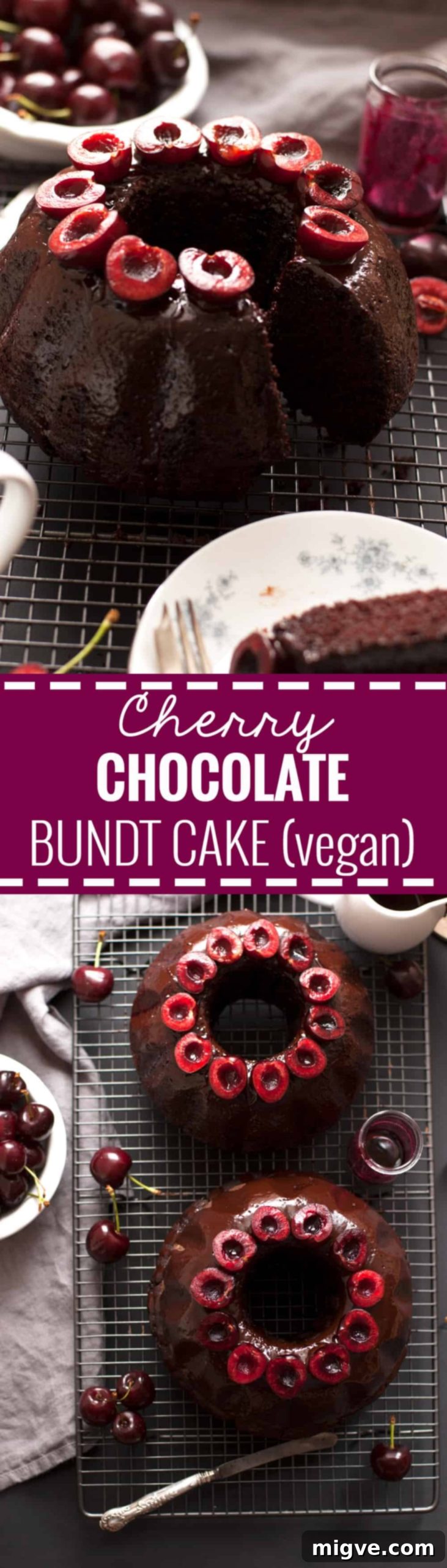 Delicious cherry chocolate bundt cake, deep and rich in flavor, easy to make and ready in 50 mins. Incredibly tasty cake for any occasion that everyone will love! No dairy and vegan too! | annabanana.co