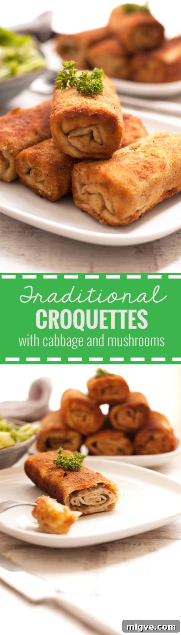 Savory Cabbage and Mushroom Croquettes 9 Traditional cabbage and mushroom croquettes. Delicious, vegan version of this eastern- European classic, easy to prepare dinner idea!