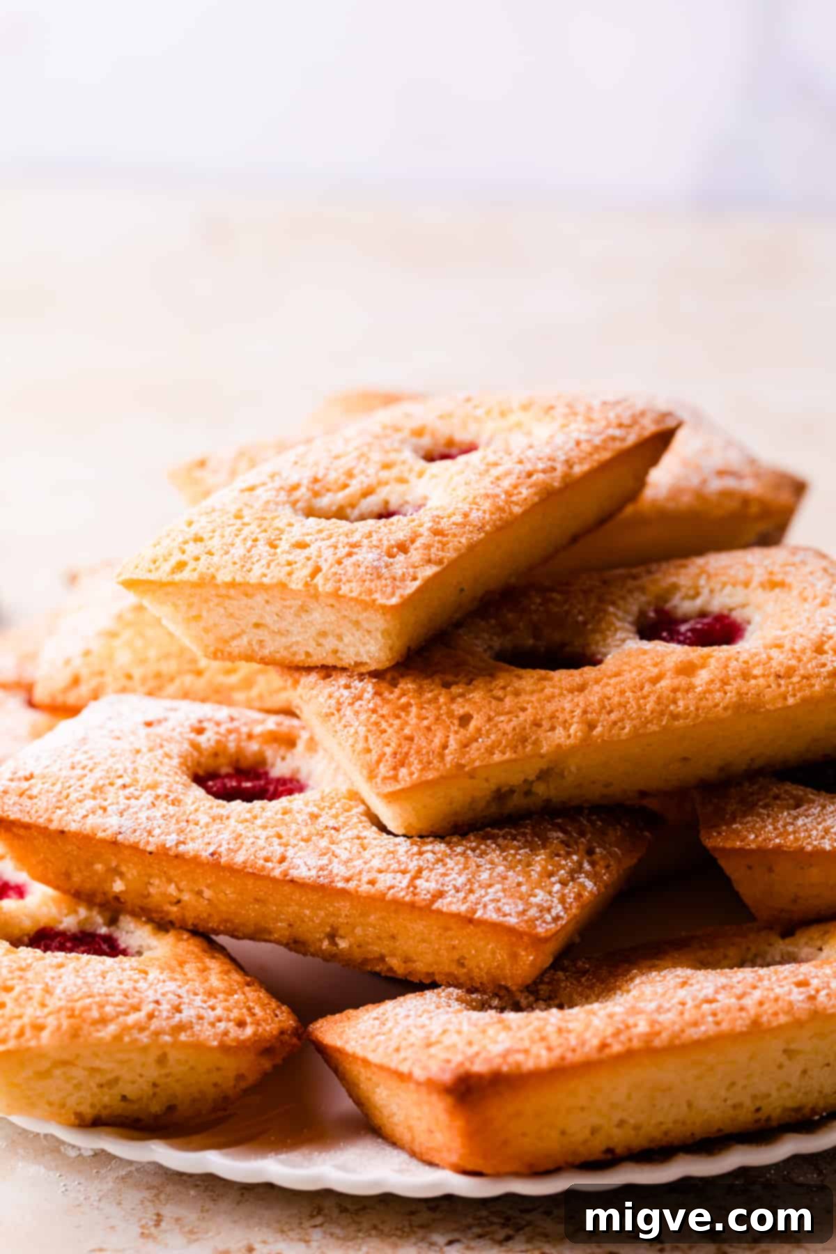 financier cakes with raspberries stacked on a plate.