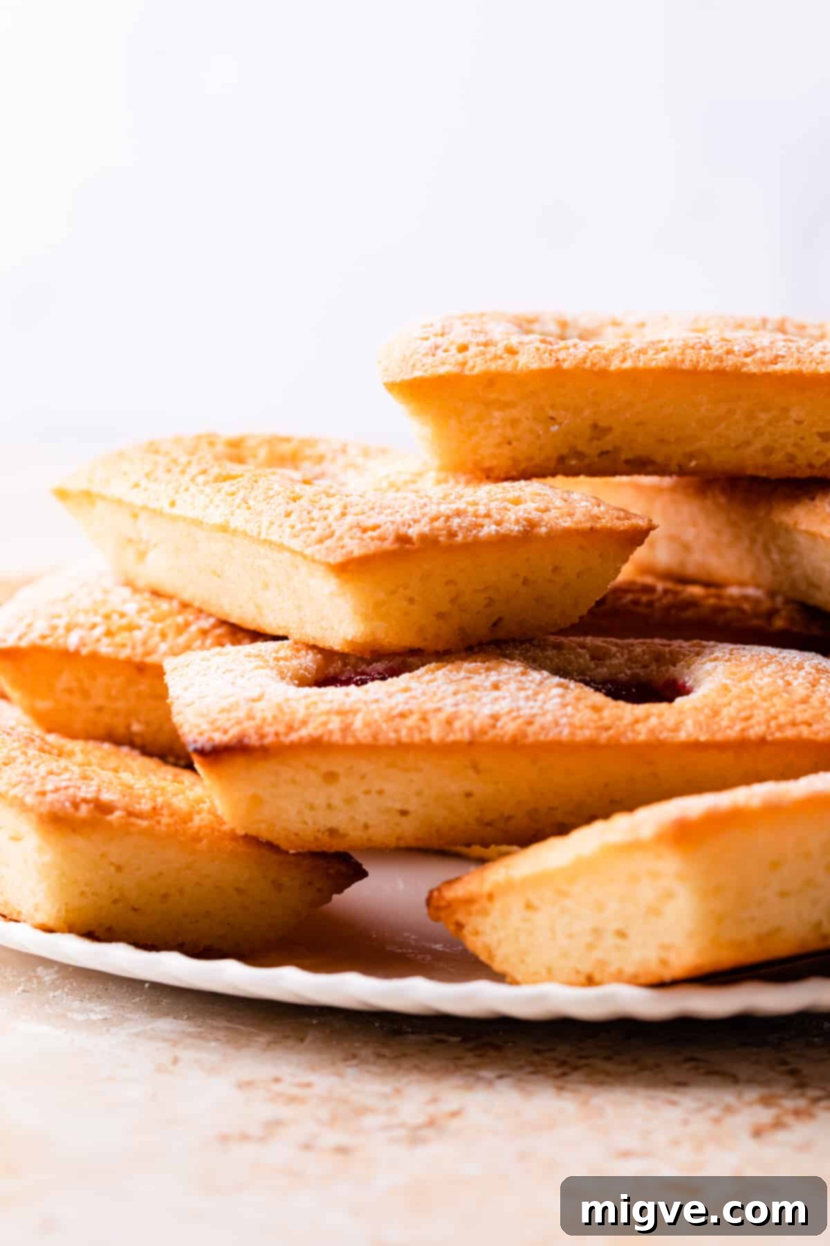raspberry financiers stacked on the white plate.