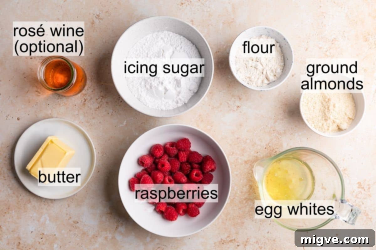 bowls with ingredients for raspberry financiers with text labels overlay.