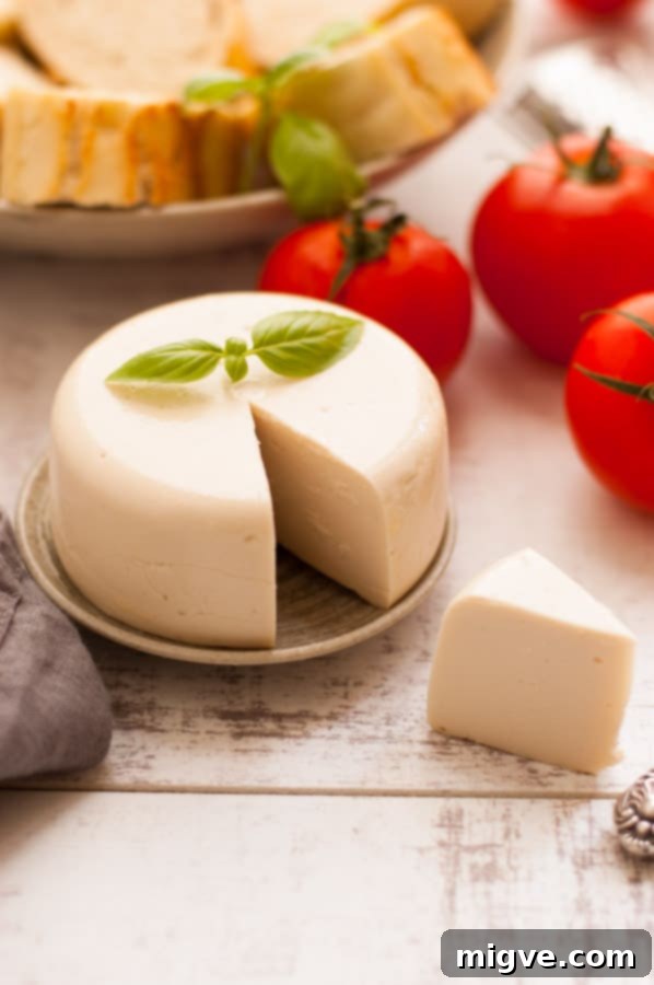 Close-up of freshly made vegan mozzarella cheese, highlighting its smooth, firm texture, ready to be sliced or melted. This dairy-free delight is perfect for any cheese lover.