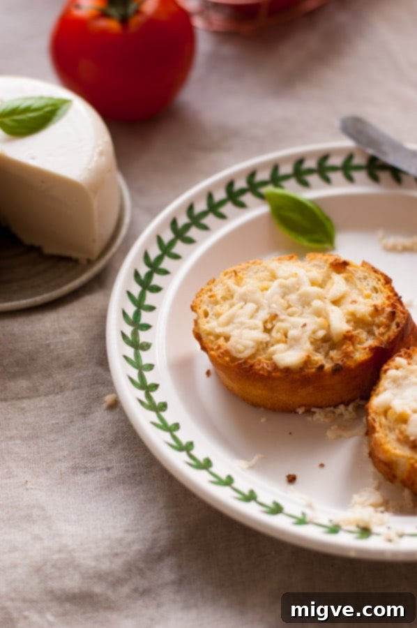 A close-up shot of grilled vegan mozzarella cheese, perfectly melted and golden brown, demonstrating its exceptional ability to mimic traditional dairy cheese on a sandwich.