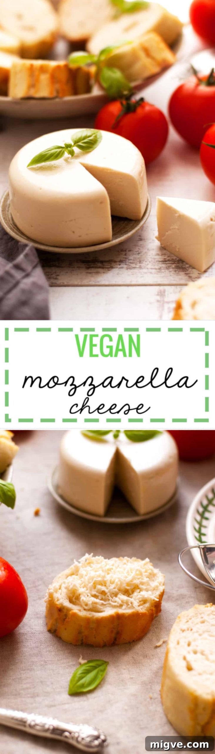 A collage of vegan mozzarella cheese dishes, including melted on pizza, sliced on a board, and used in a caprese salad, optimized for Pinterest sharing.