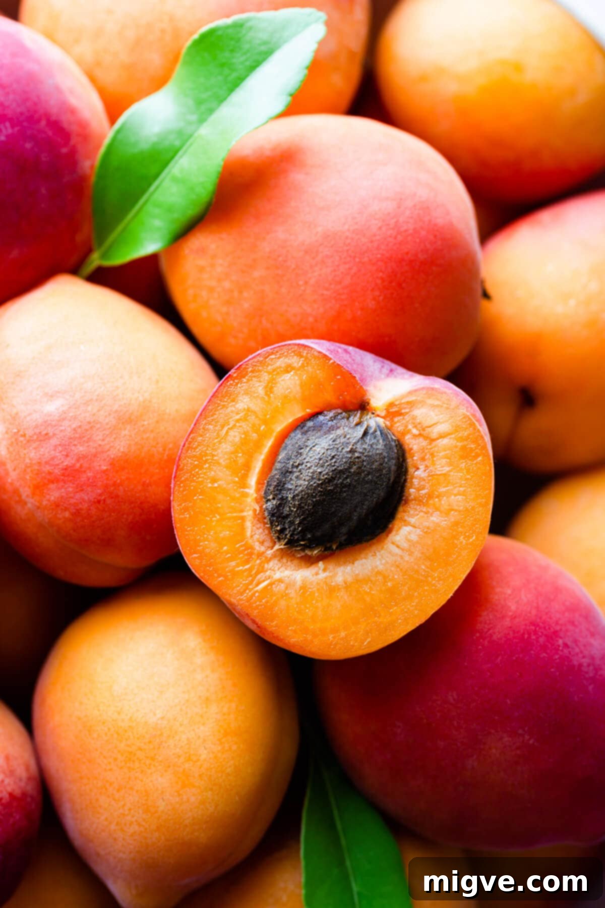 top view super close up at fresh apricot sliced in half