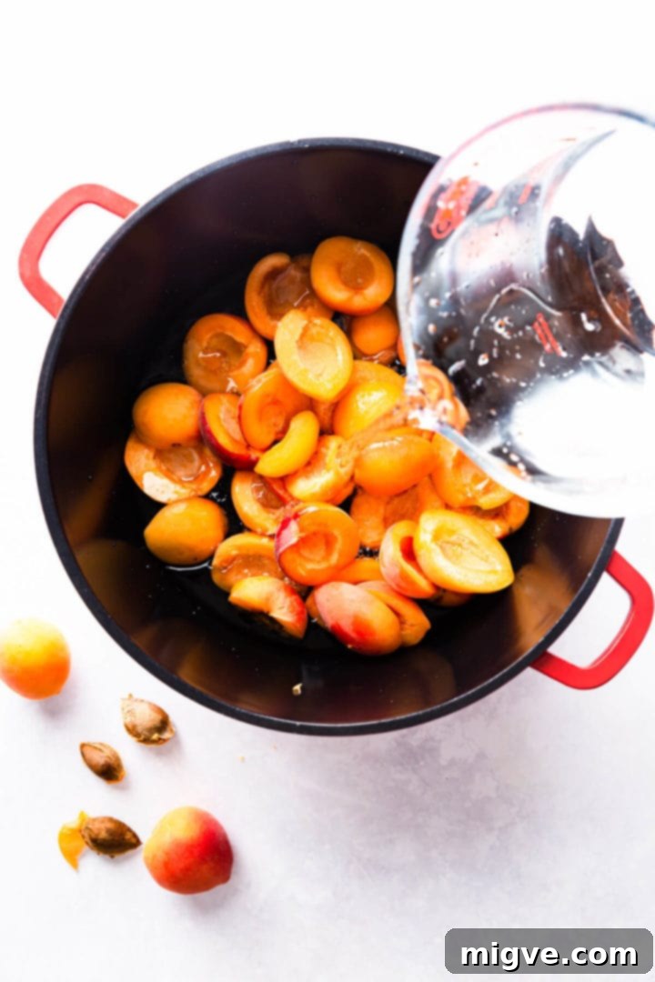 top view of water being added to a large pan with apricots