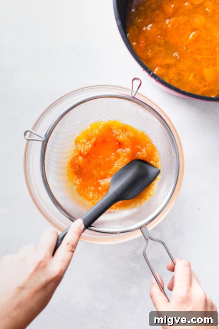overhead view of a person pushing cooked apricots through the fine metal sieve into a bowl