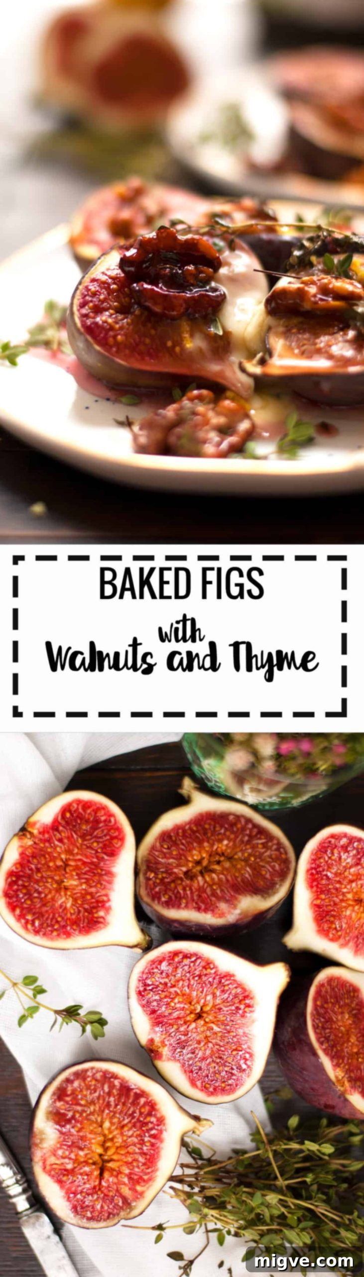 Final plated serving of baked figs with thyme and melted vegan mozzarella, garnished with fresh herbs. | via@ annabanana.co