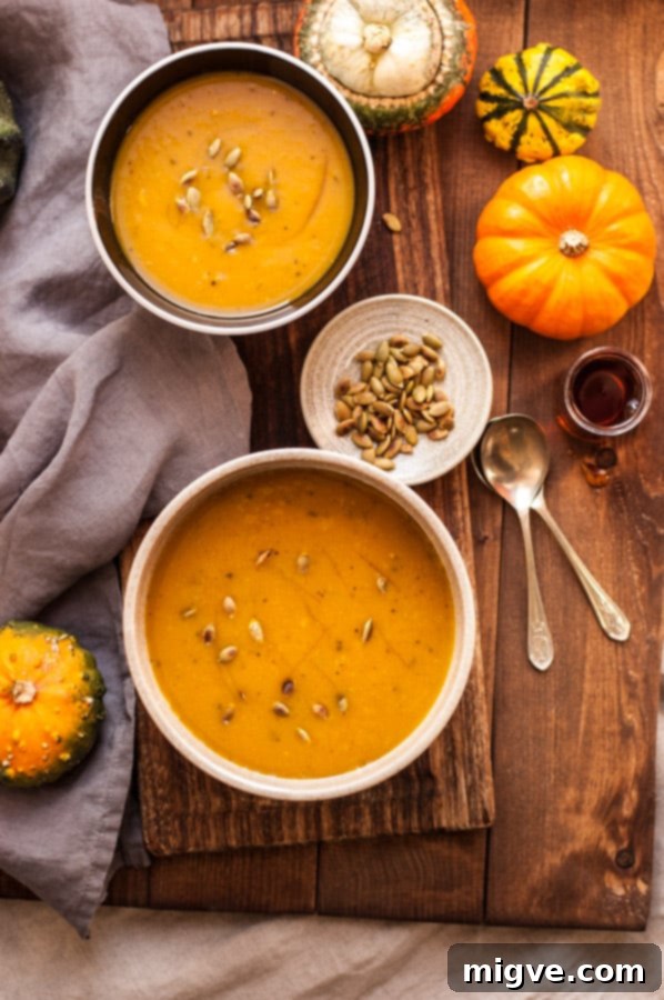 Overhead view of a velvety roasted pumpkin soup, inviting and rich in texture
