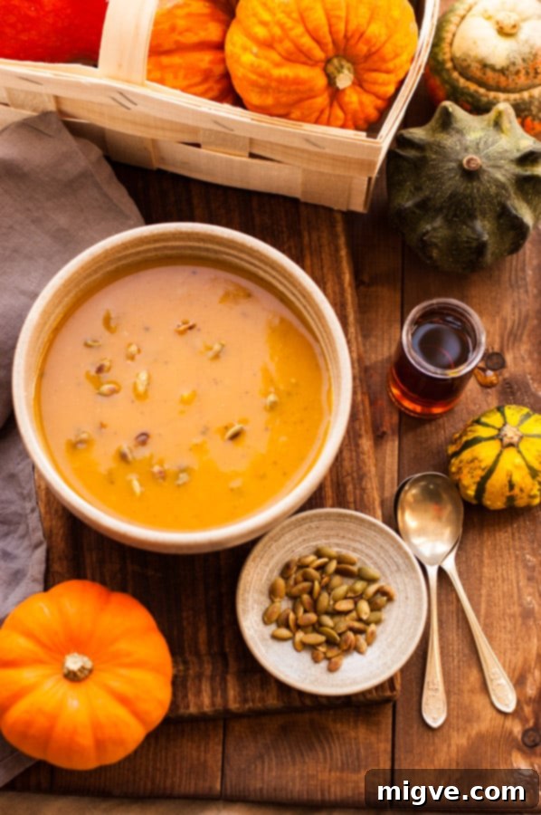 Close-up of the smooth, creamy texture of homemade roasted pumpkin soup in a ceramic bowl