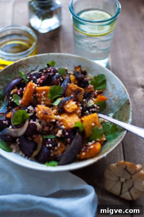 Wholesome Roasted Veggie and Millet Salad 5 Delicious, seasonal roasted vegetable salad with millet. Served with roasted garlic dressing, perfect autumnal meal!