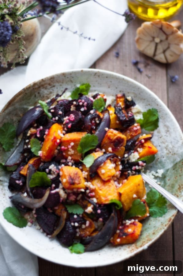 Wholesome Roasted Veggie and Millet Salad 6 Delicious, seasonal roasted vegetable salad with millet. Served with roasted garlic dressing, perfect autumnal meal!