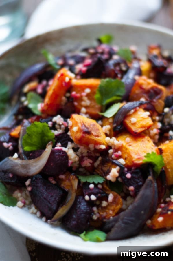 Wholesome Roasted Veggie and Millet Salad 7 Delicious, seasonal roasted vegetable salad with millet. Served with roasted garlic dressing, perfect autumnal meal!