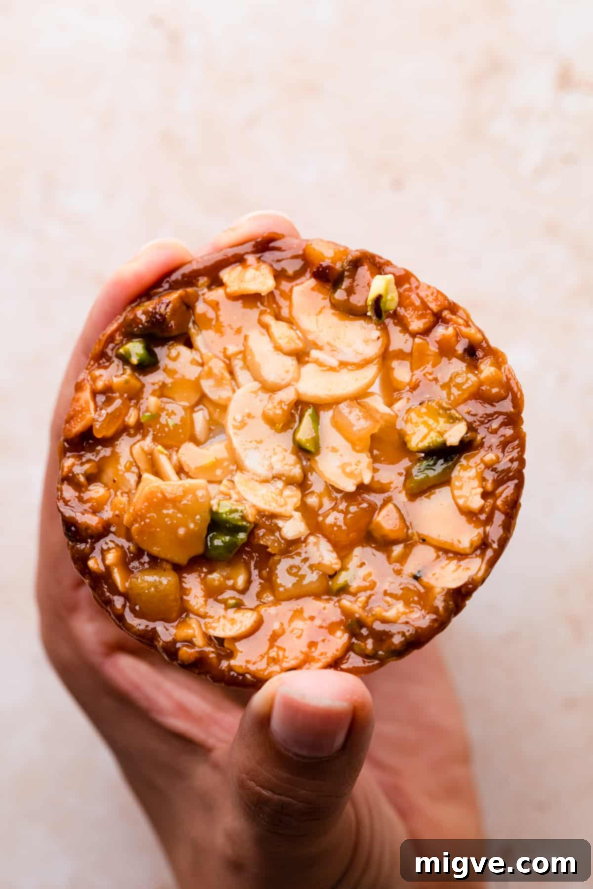 Florentine Almond Lace 2 Individual almond florentine cookie with pistachio nuts and fruit peel being held by hand, showcasing its delicate texture and chocolate base.