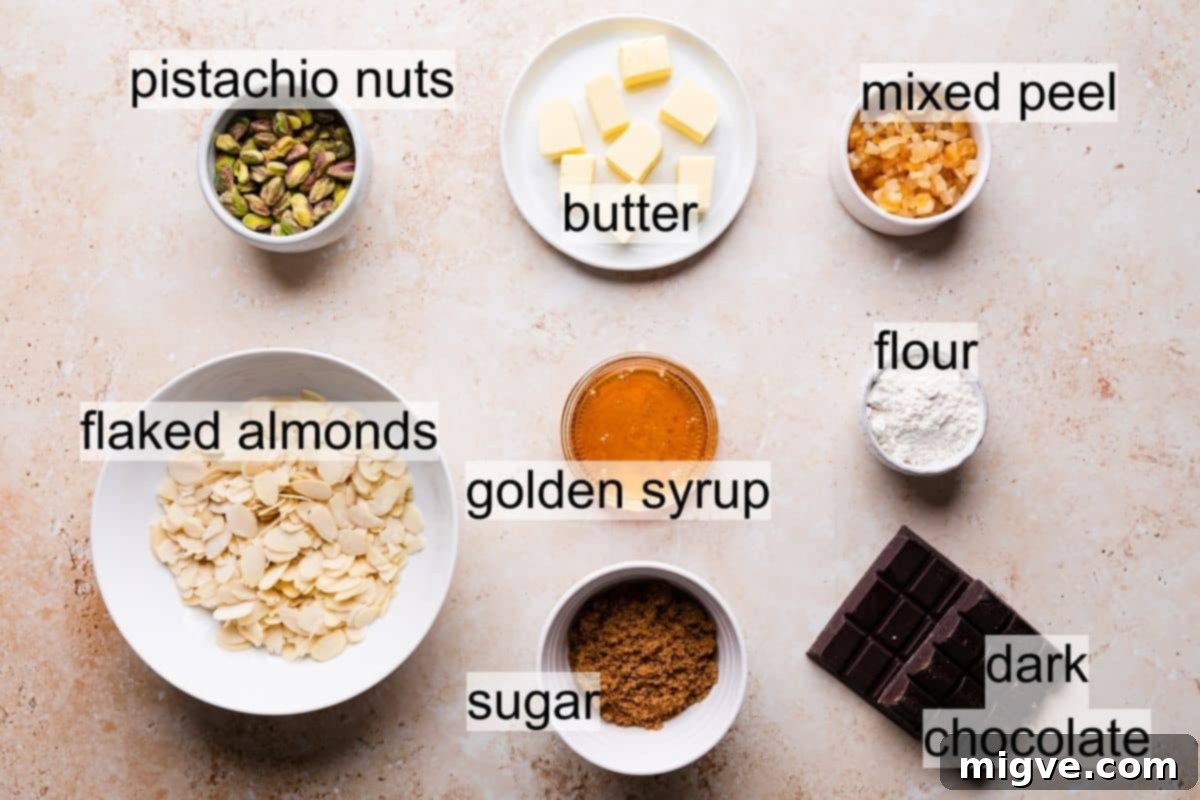 Florentine Almond Lace 3 Bowls with all the ingredients laid out for making vegan almond florentines, with an added text overlay.