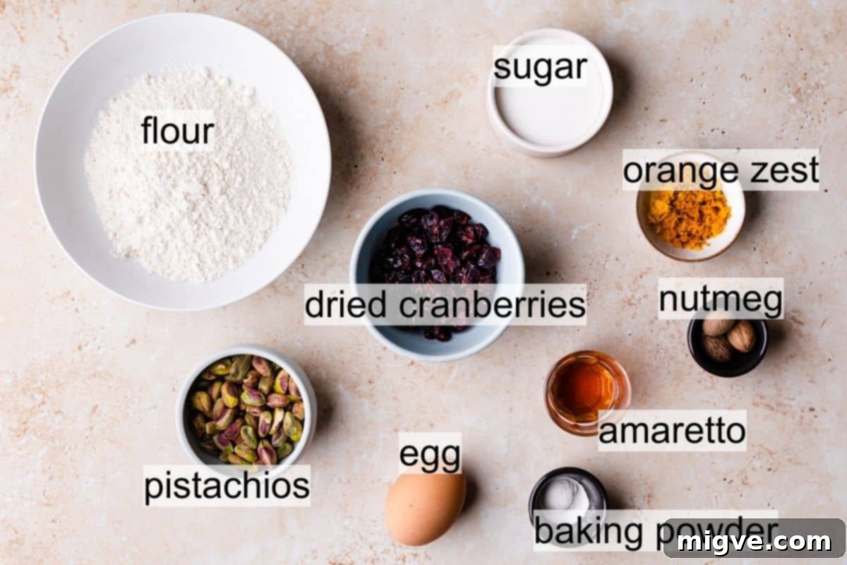 Ruby Red Biscotti 3 bowls with ingredients for cranberry biscotti with text labels overlay.