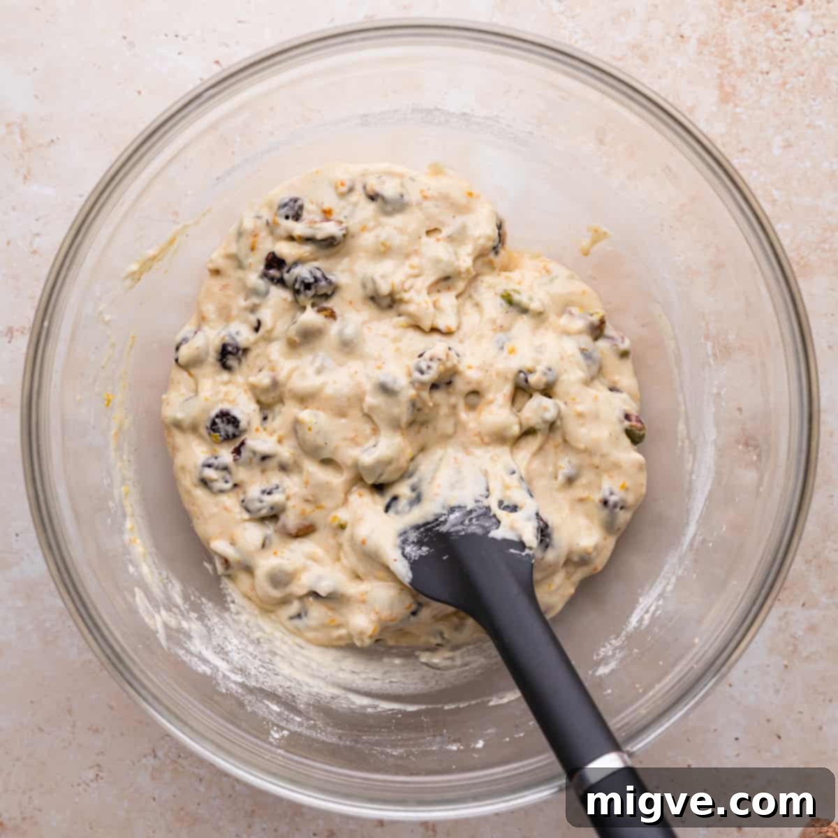 Ruby Red Biscotti 5 glass bowl with mixed dough for biscotti biscuits.