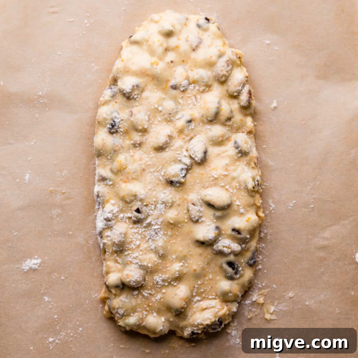 Ruby Red Biscotti 6 raw dough for cranberry biscotti shaped into flat oval on a baking paper.