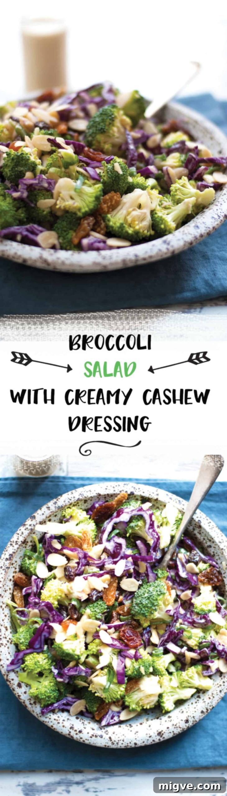 Crunchy broccoli salad with creamy cashew dressing. Quick and easy recipe, packed with all the good stuff! | via @annabanana.co