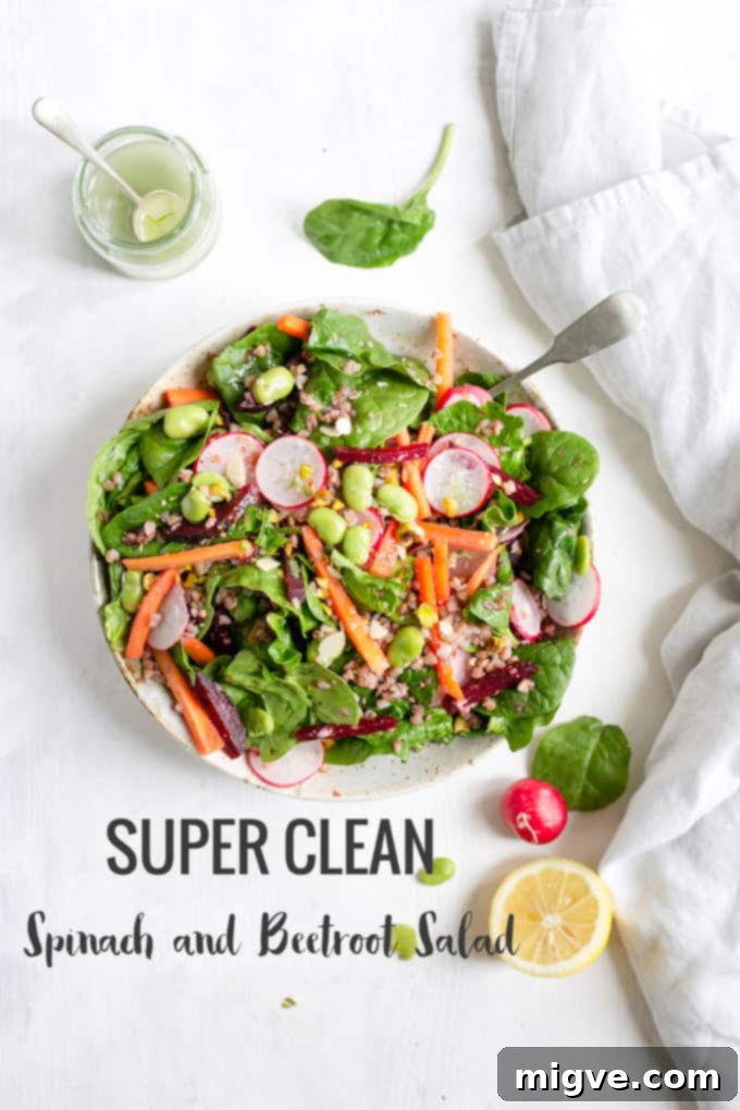 Super clean spinach and beetroot salad with bulgur wheat! It's packed with crunchy, fresh vegetables and drizzled with lemon and olive oil dressing. Perfect for lunch or dinner! This plant-based recipe promotes clean eating and a healthy lifestyle. AnnaBanana.co