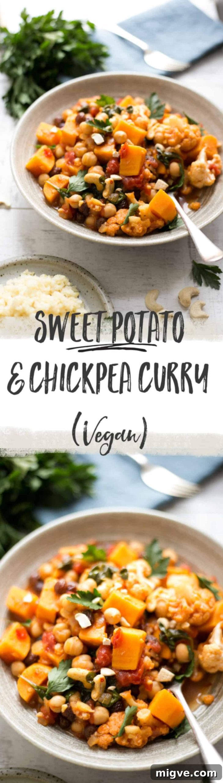 Easy, delicious, sweet potato and chickpea curry served with bulgur wheat. Packed with healthy vegetables | via @annabanana.co
