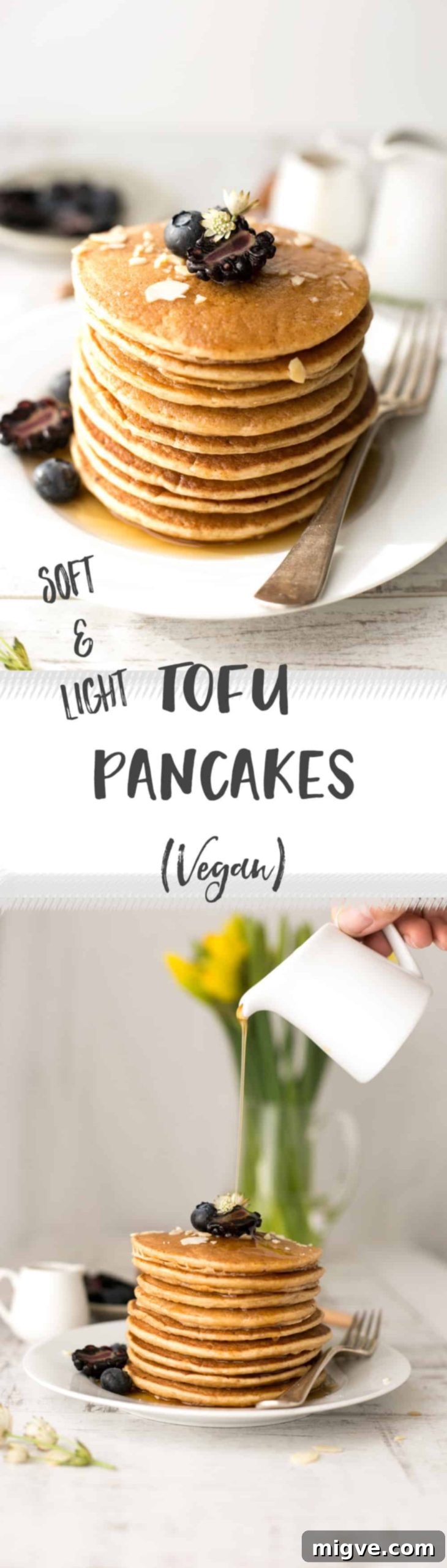 Incredibly soft and light silken tofu pancakes with maple syrup. Vegan and gluten-free recipe!