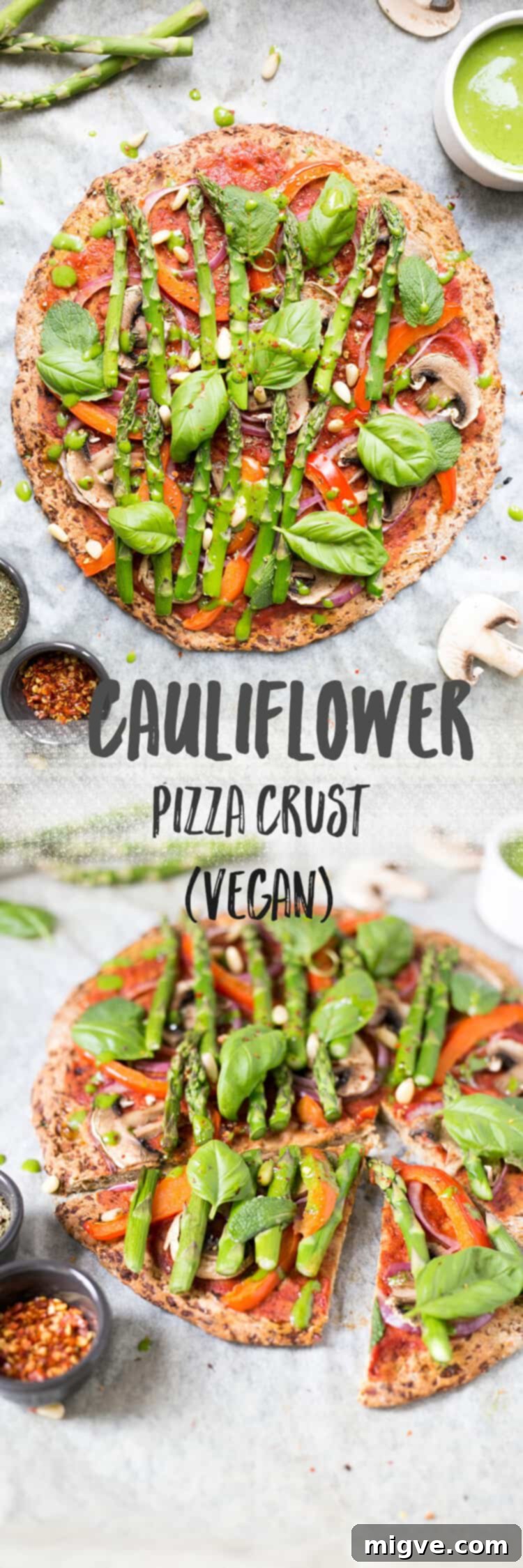 Easy cauliflower pizza crust with a vibrant spinach dressing, showcased as a delicious and healthy meal option.