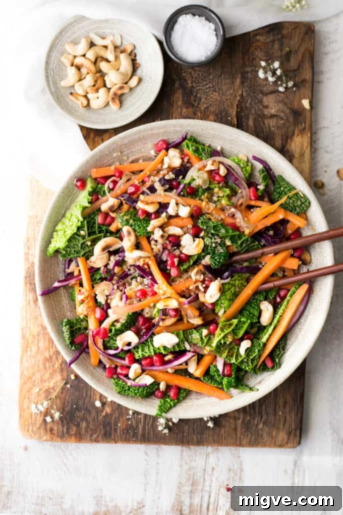 Overhead shot of the nutritious Quinoa Stir Fry with toasted cashews, fresh vegetables, and a tantalizing lime and garlic dressing.